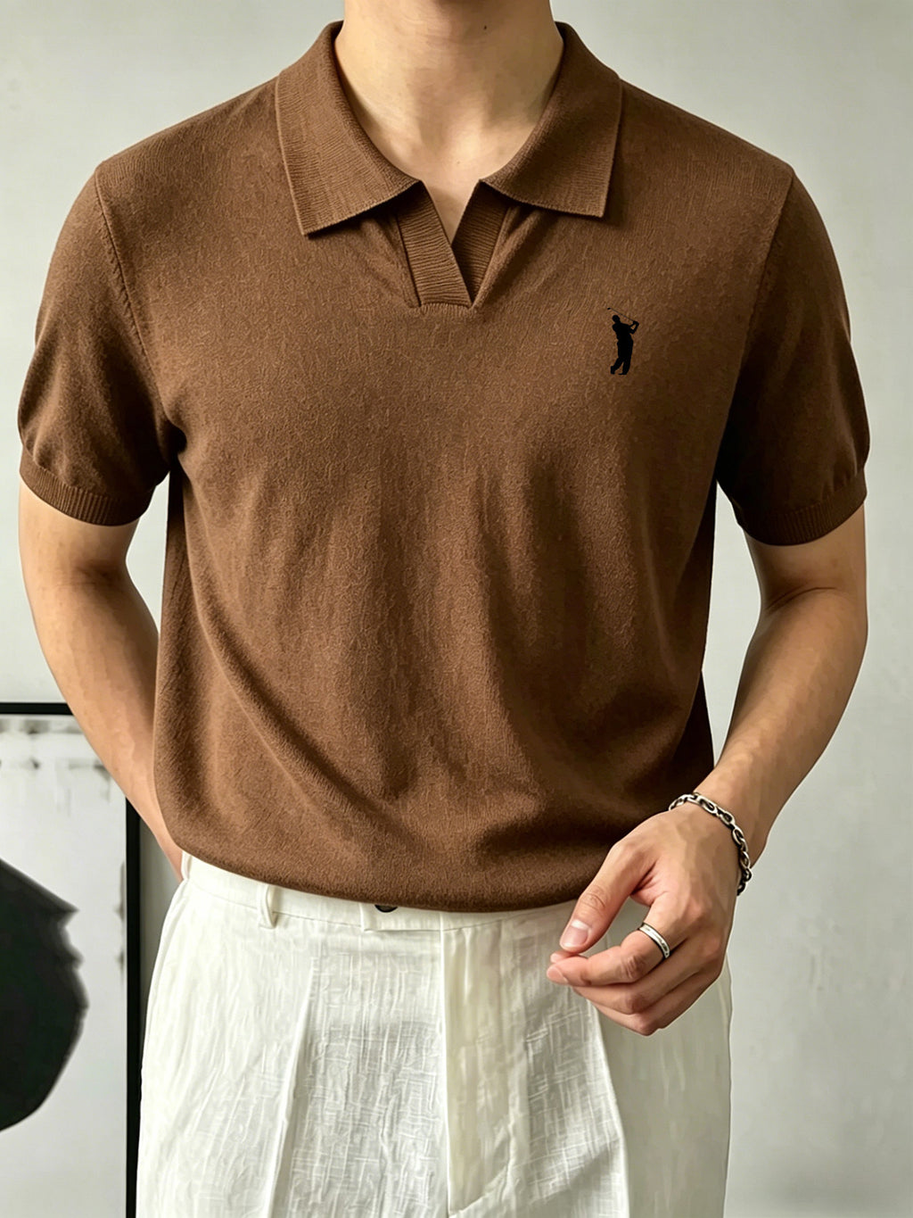 Men'S Knit Short-Sleeve Polo Shirt, Human Silhouette Embroidered Collar Top, Business Breathable Short Sleeve - 【Brown】
