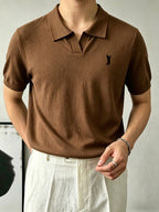 Men'S Knit Short-Sleeve Polo Shirt, Human Silhouette Embroidered Collar Top, Business Breathable Short Sleeve - 【Brown】