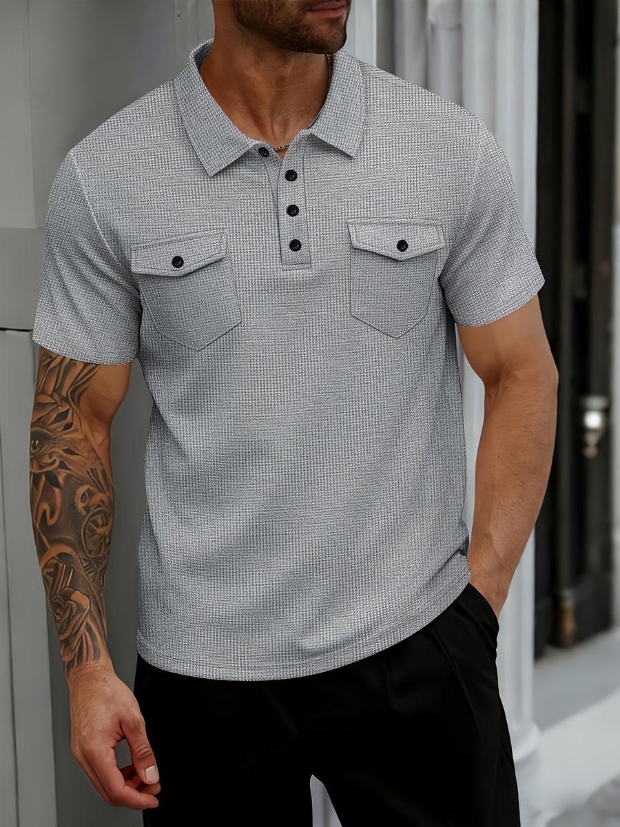 [Shule Water OBM] Men'S Waffle Knit Short Sleeve Polo Shirt, Classic Collar, Double Chest Pockets, Button-Up Lapel, Casual Daily Top - Grey