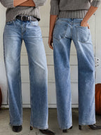 Women's 2026 New Stretch Wide-Leg Jeans, Low-Rise Straight-Leg Denim Pants, Vintage Washed Dark Blue Loose-Fit Denim Trousers, Comfortable Tummy-Control Casual Pants with Pockets, Street Style Clothing, Suitable for Travel, Work, Boyfriend Jeans - Medium Blue