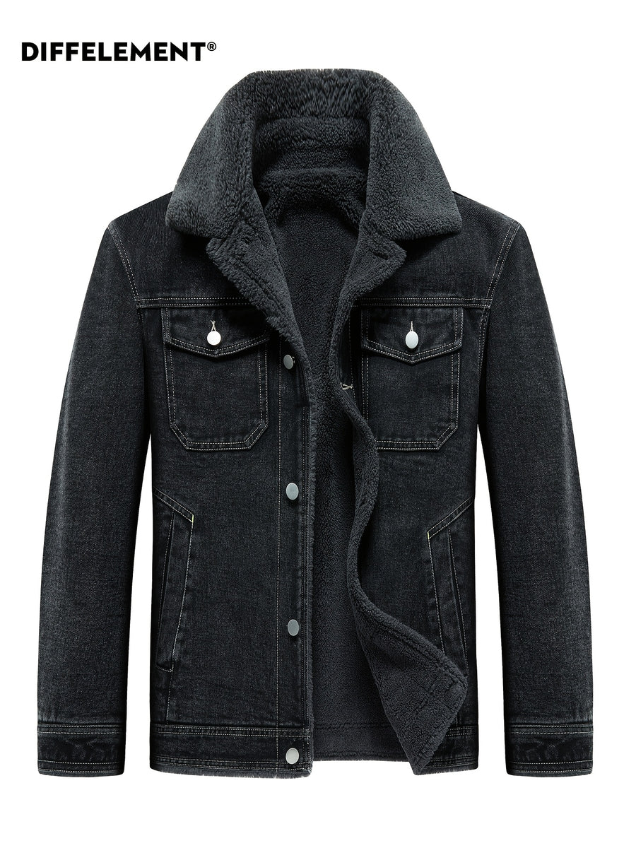 Men'S Shearling Collar Fleece-Lined Denim Jacket, Thickened Windproof Warm-Locking Cold-Resistant, Washed Denim Composite Shearling Lining Contrast Stitching Craft, Utility Casual Regular Fit, Fall Winter Street Commute Vintage Style - Deep Grey