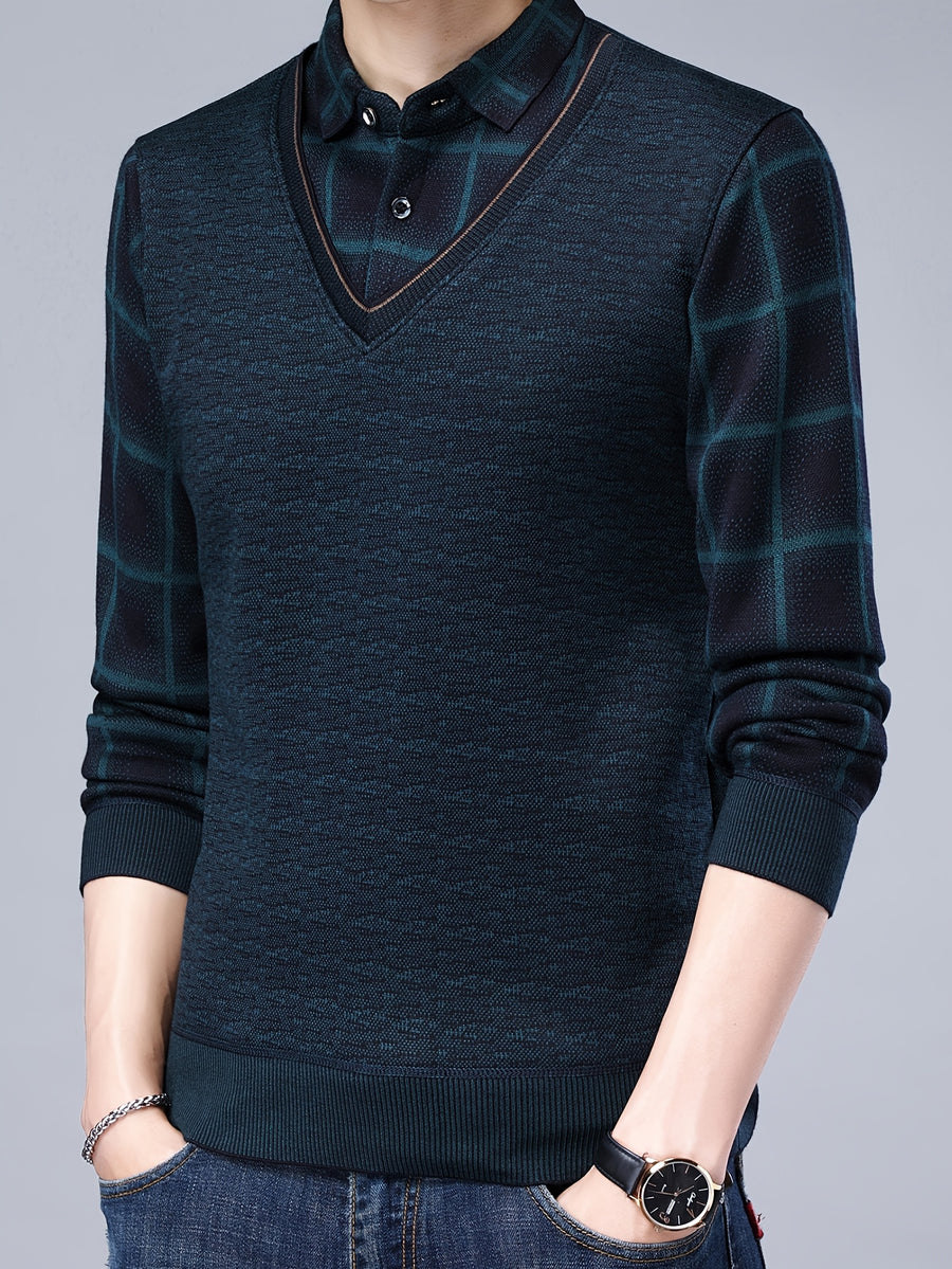 Spring/Autumn New Men's V-Neck Polo Shirt, Plaid Patchwork Long Sleeve, Business Casual 2-in-1 Look Pullover Base Layer Men's Apparel - Green