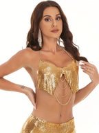 Pure aluminum cloth sequins, hot women breast chain, sexy temperament, metal chain, short neck, v neck, open back, navel waistband vest, Women's top - Golden