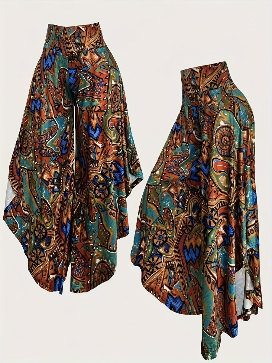High-Waisted Paisley Print Casual Wide-Leg Pants for Women in Spring And Summer, Featuring Asymmetrical Ruffled Hems And an Elastic Waistband for a Relaxed Fit - Bronze