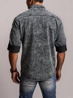 Men's Casual Denim Stand Collar Half-Open Placket Henley Shirt with Chest Pocket and Long Sleeves - Graphite Color
