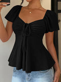 Fashionable and Elegant Spring/Summer New Arrival Y2K Solid Color Jacquard Comfortable and Breathable V-Neck Drawstring Short Sleeve Top Women's T-Shirt - Black