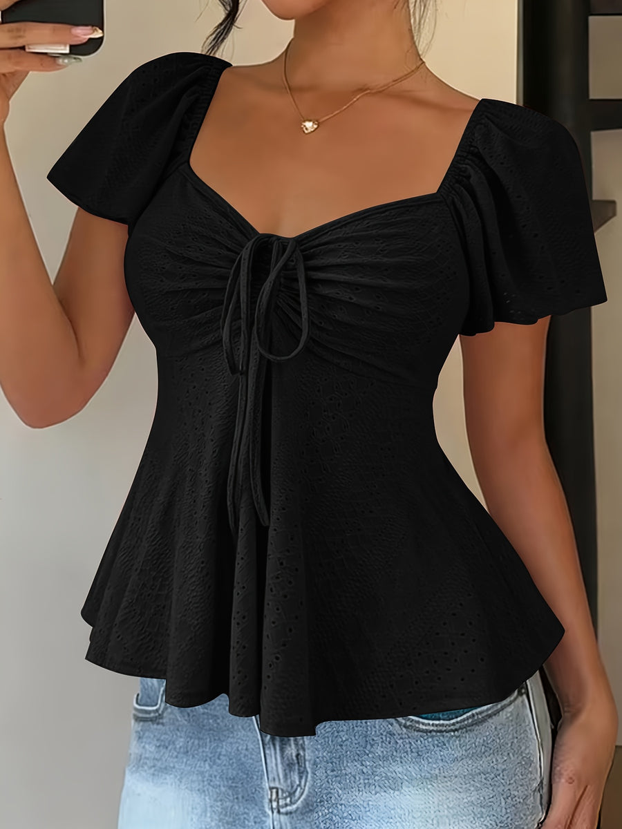 Fashionable and Elegant Spring/Summer New Arrival Y2K Solid Color Jacquard Comfortable and Breathable V-Neck Drawstring Short Sleeve Top Women's T-Shirt - Black