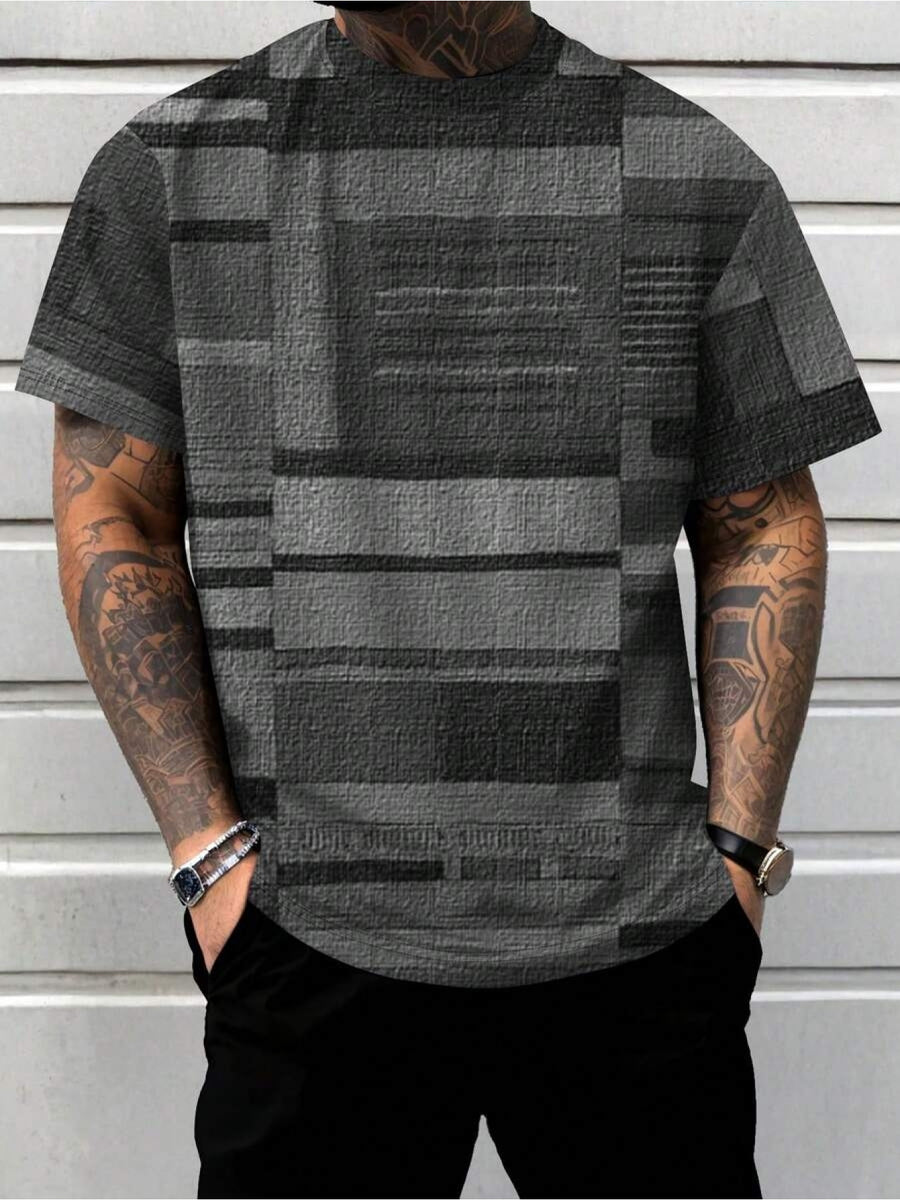 Men's Patchwork Print T-Shirt - Short Sleeve Crew Neck Casual Shirt with Multi-Color Suitable for Casual Attire, Machine Washable, Non- Regular Fit Suitable for Body Types, Modern Patchwork - Multicolor A