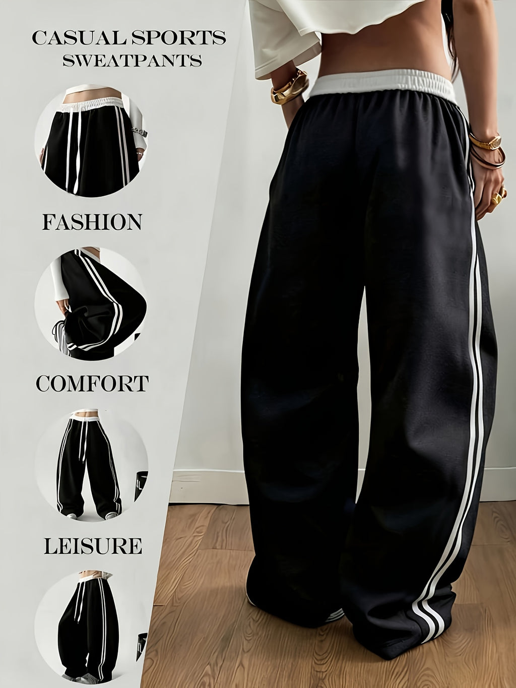 Women's casual fashionable wide-leg sports pants, suitable for yoga, fitness, and athletic wear - Black
