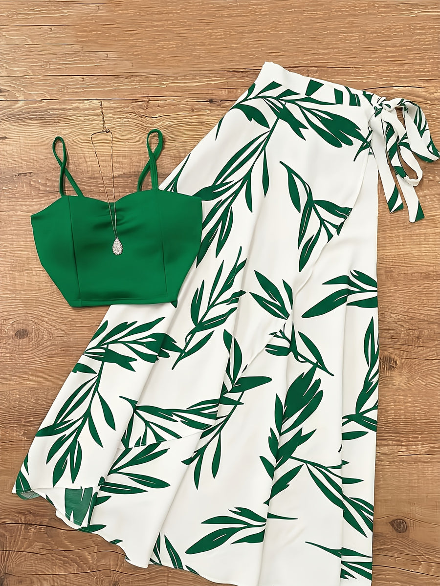 Women'S Spring Autumn Elegant Lace-Up Skirt And Cami Top 2pcs Set - Green