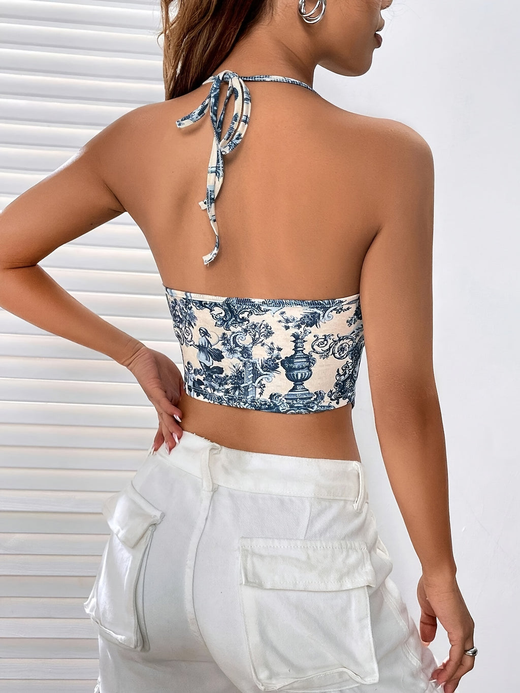 Summer New Y2K Style Gathering Party Nightclub Irregular Cut Lace Print Short Sexy Bra Strap Women's Open Back, Navel Hanging Neck Top Tank Top - Blue