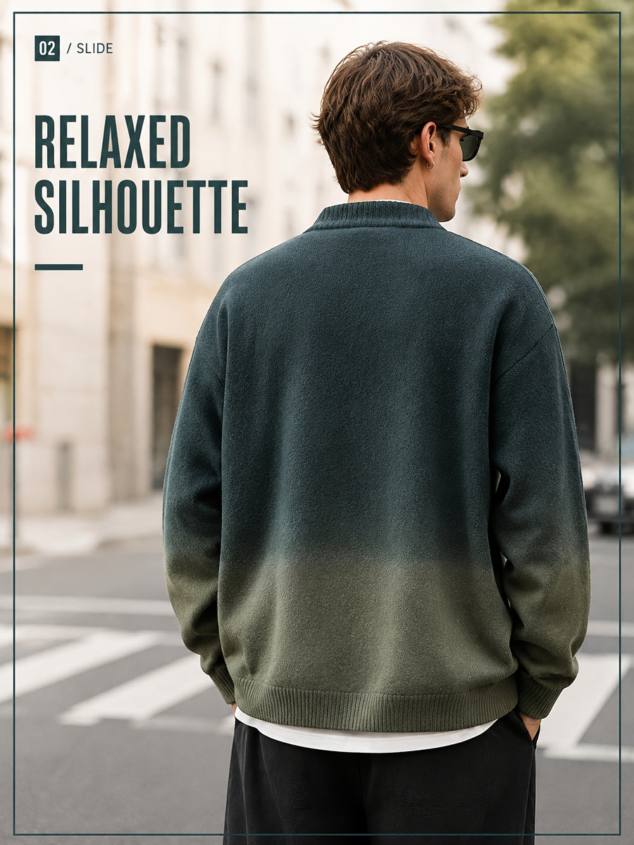 Daily Deal 1pc Men's Ombre Tie-Dye Knit Cardigan with Baseball Collar, Button-Front, Gradient Dye, Trendy Urban Street Style, Loose Fit Daily Sweater Outerwear for Spring & Fall - Dark Green