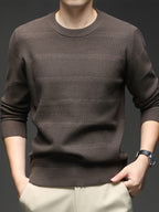 Men's Quiet Luxury Mustard Crew Neck Sweater, Textured Herringbone Knit Pullover, Old Money Aesthetic Fall Winter Top - Dark Brown