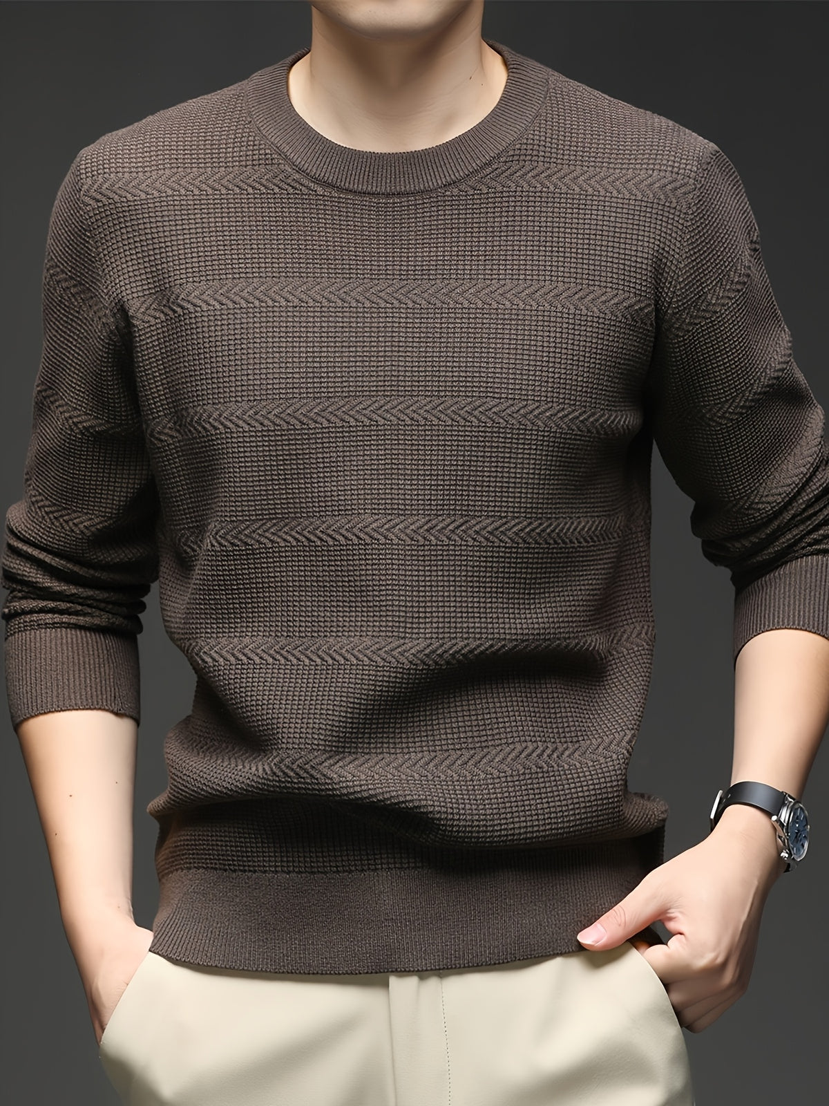 Men's Quiet Luxury Mustard Crew Neck Sweater, Textured Herringbone Knit Pullover, Old Money Aesthetic Fall Winter Top - Dark Brown