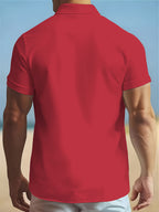 Men'S Solid Color Short Sleeve Shirt, Summer Lightweight Breathable Fabric, Classic Collar, Loose Fit, Textured Fabric, Suitable for Casual, Office & Weekend Wear, Short Sleeve Top, Non-Stretch Material, Durable Casualwear, Outdoor Casual - Red