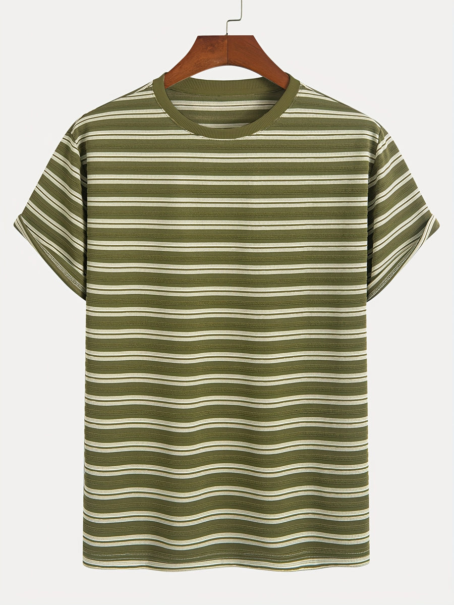 1pc Men's Summer Knit Striped T-Shirt - Soft Breathable Fabric, Classic Round Neck Short Sleeve, Regular Fit for Casual & Outdoor Wear, Multi-Color Striped Design, Daily Outfit, Lightweight Shirt, Basic Tee, Casual Attire - Olive Green