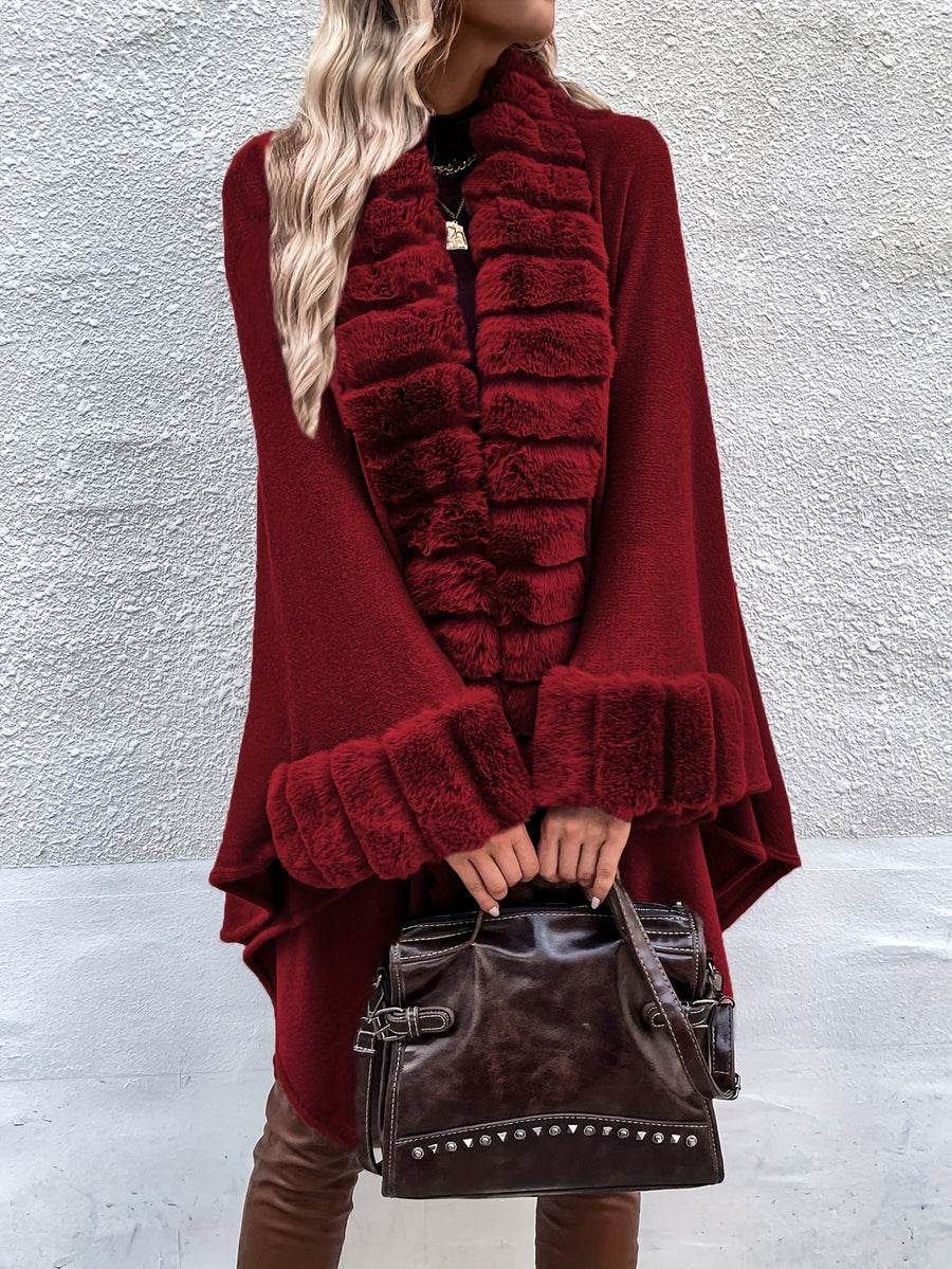 Western Autumn Winter New Mid-Length Luxurious Faux Patchwork Cardigan Sweater Tassel Shawl Cloak Coat - Burgundy