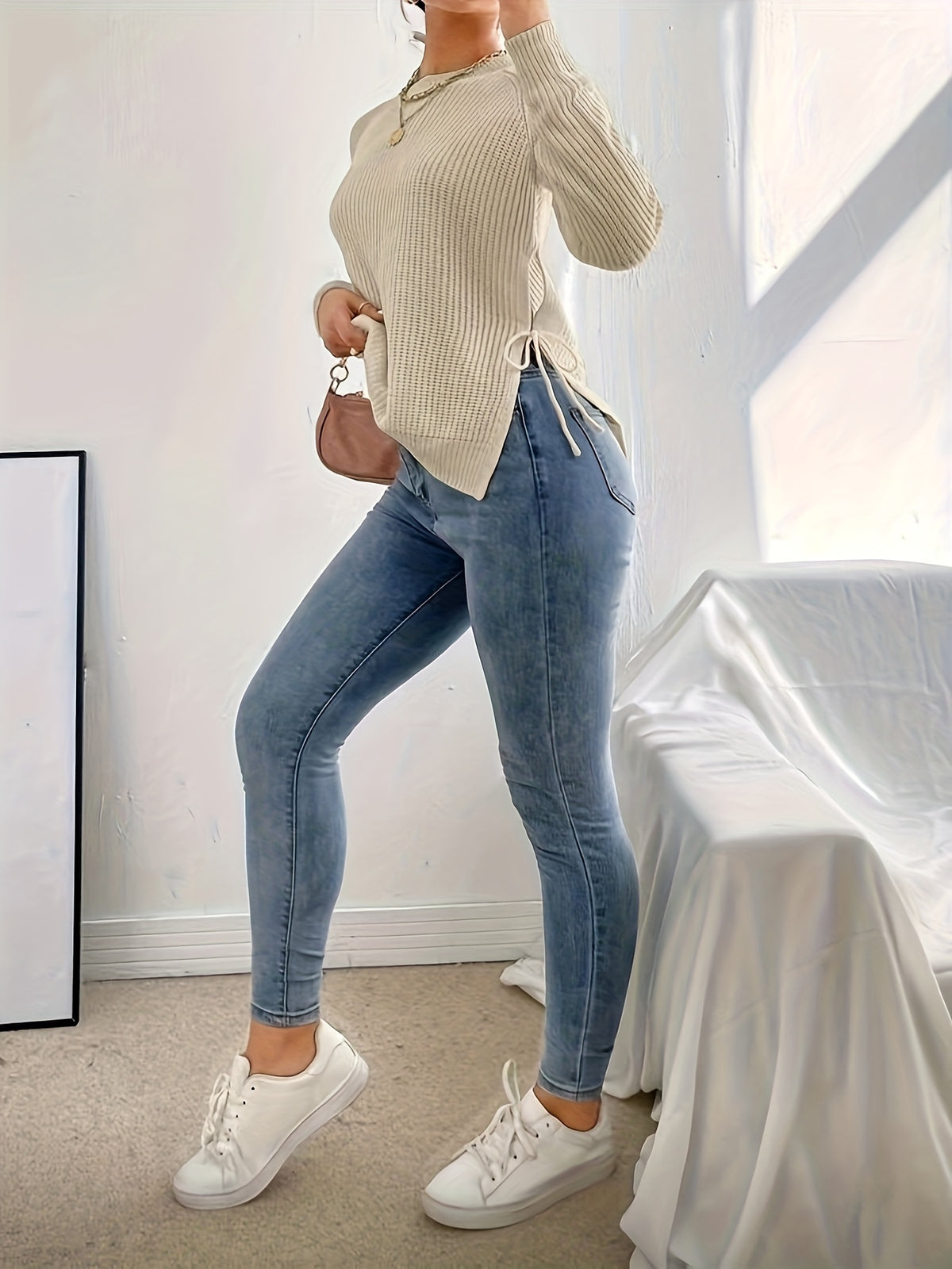 Women's Slim Fit High Elasticity Long-Sleeve Top. Details: Slit Hem Bow Design Knitted - Ribbed Crew Neck Elegant Women's Wear for Autumn/Winter, Casual Everyday Semi-Formal Mustard Yellow Machine-Washable 100% Solid Versatile Base Layer Shirt - Apricot