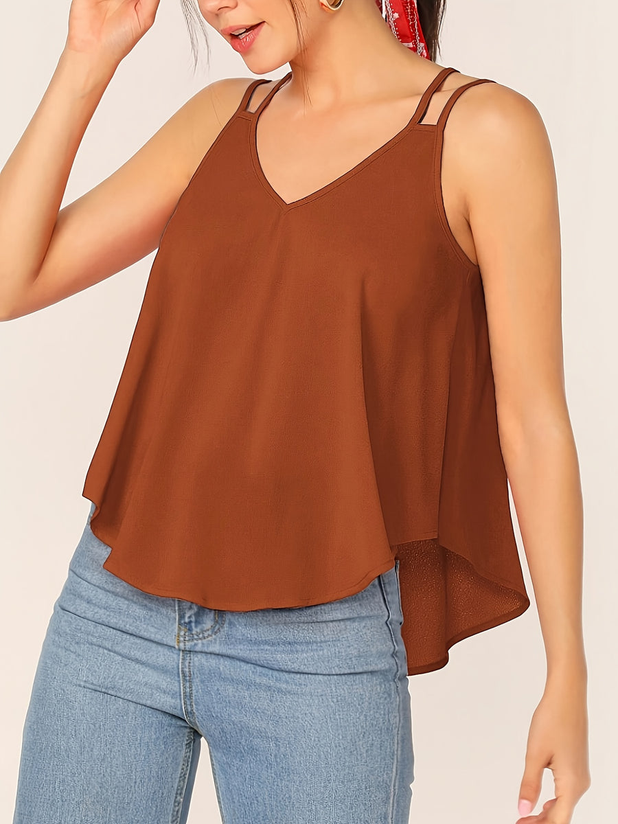 Women'S Stylish Double-Laced Dip Hem Swinging Top - Light Brown-1