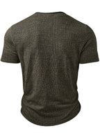 Men's Fashion Top, Spring/Summer Outdoor Casual Textured Ribbed Fabric, Solid Color Patchwork Crew Neck Single-Breasted Short Sleeve Men's Henley Shirt - Olive Brown