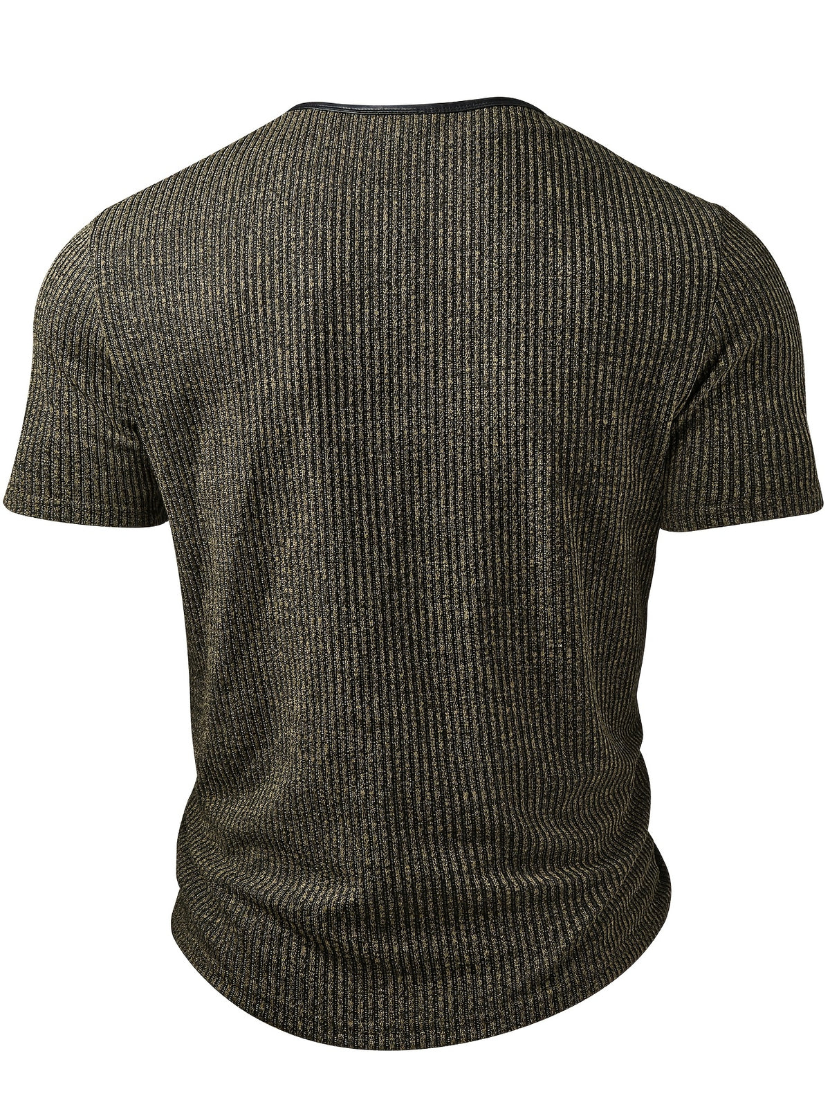 Men's Fashion Top, Spring/Summer Outdoor Casual Textured Ribbed Fabric, Solid Color Patchwork Crew Neck Single-Breasted Short Sleeve Men's Henley Shirt - Olive Brown