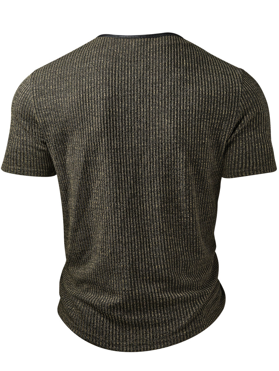 Men's Fashion Top, Spring/Summer Outdoor Casual Textured Ribbed Fabric, Solid Color Patchwork Crew Neck Single-Breasted Short Sleeve Men's Henley Shirt - Olive Brown