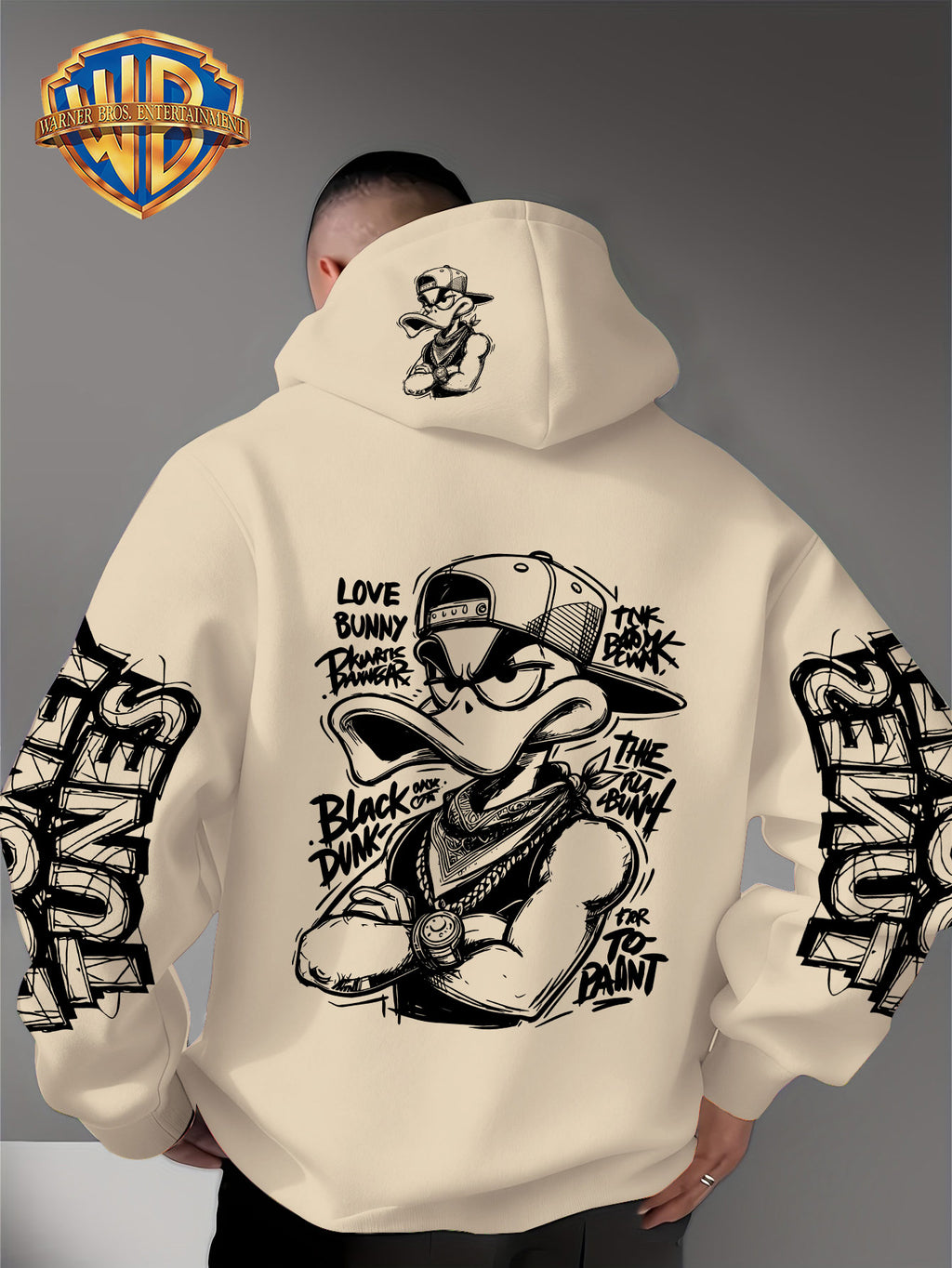Dark Duffy Duck Pattern Print - Men'S Fashion Hoodie Sweatshirt, Trendy Sleeve Print Design, Suitable for Multi-Style Daily Wear Pullover, Soft And Delicate Touch, Helping You Be Comfortable And Stylish, Easily Mastered for Campus, Commuting - Apricot