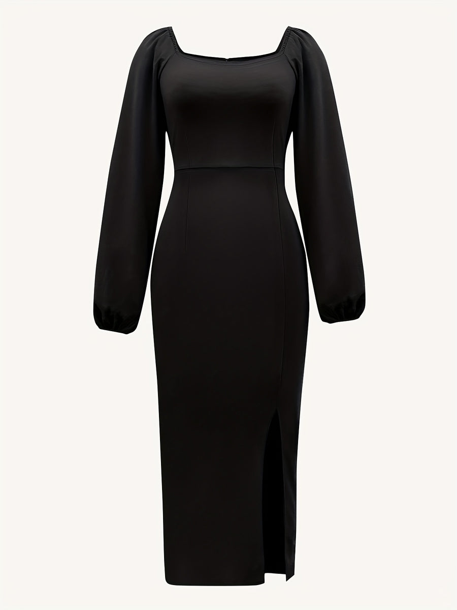 New European and American Style Fashion Slimming Split Long Sleeve Dress Trend - Black