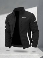Men's Stand Collar Jacket with Color-blocking White Stripe Design and Logo, Business Casual Versatile Lightweight Windbreaker, Trendy Slim Fit Zip-up Sports Jacket, Suitable for Daily Work Wear. - Black