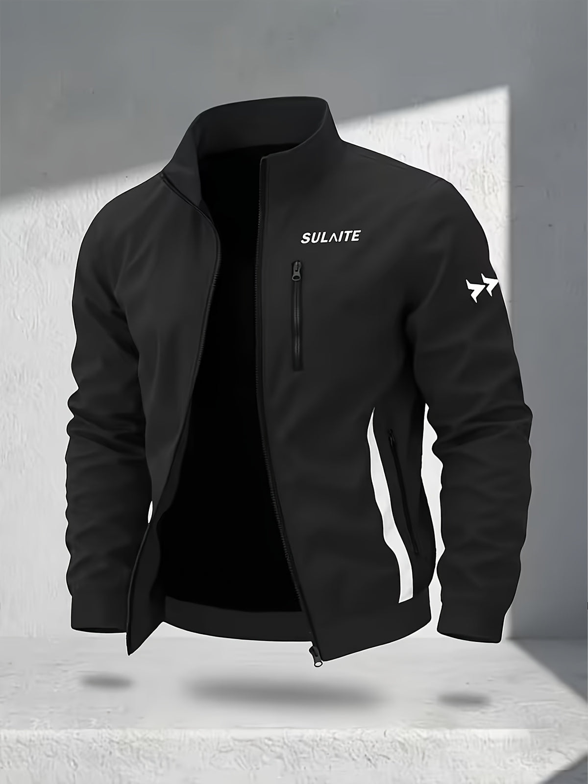 Men's Stand Collar Jacket with Color-blocking White Stripe Design and Logo, Business Casual Versatile Lightweight Windbreaker, Trendy Slim Fit Zip-up Sports Jacket, Suitable for Daily Work Wear. - Black