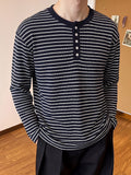 Men's American-style Casual Henley-neck Striped Long-sleeve T-shirt, Textured Fabric with a Half-button Placket, Soft and Skin-friendly Pullover Top, for Daily Commutes and Streetwear in Spring and Autumn - Black
