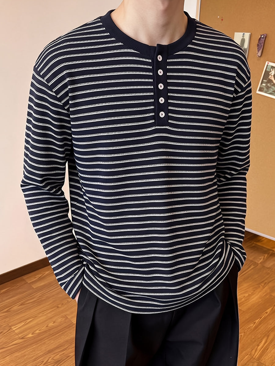 Men's American-style Casual Henley-neck Striped Long-sleeve T-shirt, Textured Fabric with a Half-button Placket, Soft and Skin-friendly Pullover Top, for Daily Commutes and Streetwear in Spring and Autumn - Black