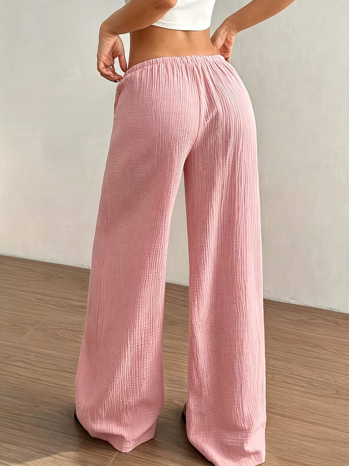 Women's Solid Color Wide-Leg Trousers - Elastic Waist Straight-Leg Pants with Adjustable Drawstring, Lightweight Loose Wide Pants Suitable for Spring Summer Fall, Casual Office Wear, Machine Washable Wide Leg Pants for Blouses - Pink Color