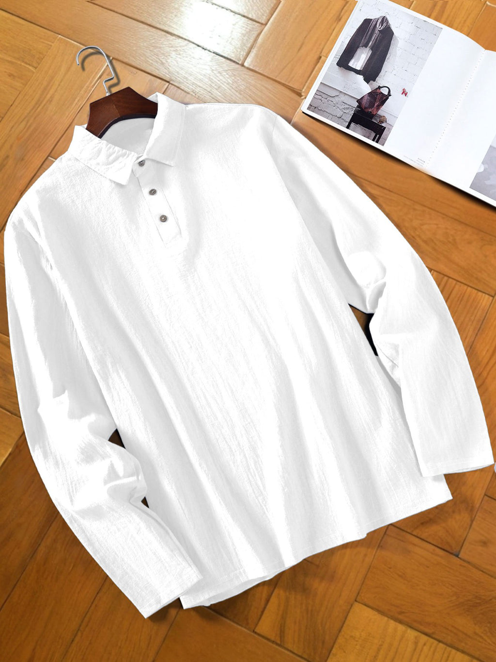 Men's Fashion Long-Sleeve Linen Shirt - Seaside Vacation Casual Top, Button-Up with Half-Open Placket, Lightweight, Loose, and Comfortable, Perfect as a Summer T-Shirt or Gift - White