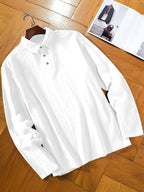 Men's Fashion Long-Sleeve Linen Shirt - Seaside Vacation Casual Top, Button-Up with Half-Open Placket, Lightweight, Loose, and Comfortable, Perfect as a Summer T-Shirt or Gift - White
