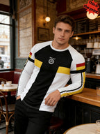 [Print Design - Not Textured] Men'S Vertical Block Color-Block Long Sleeve Soccer Jersey, Black White Yellow Red Arm Stripes Round Neck Top, New York Five-Star Rings Letter Print, Football Field Sports Training Autumn Casual Long Sleeve T-Shirt - Mixed colors