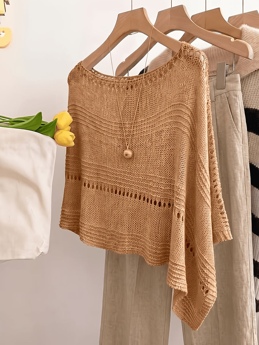 Women'S Hollow-Out Poncho Top, Boat Neck Irregular Hem Summer Beach Cover-Up, Seaside Bohemian Vacation Style Casual Top, Lightweight Breathable Loose Sweater, Mesh Detail Striped Design, Relaxed Layering Style, Suitable for Holiday, Daily Wear - Rust