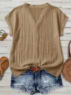100% Short Sleeve Shirt, Casual Vacation Wear for Summer, V-Neck Design, Country Style Clothing for Women, Suitable for All Occasions, Ideal Choice for Holidays - Khaki