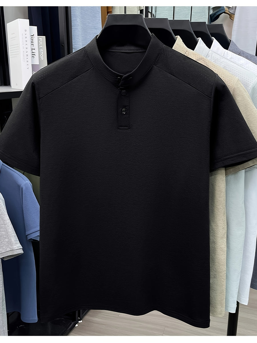 1 Men's Stand Collar Short Sleeve Polo Shirt, Suitable for Business Commutes and Daily Outings, Breathable, Moisture-Wicking, Loose Fit, Slimming, Casual Top, Basic T-Shirt for Middle-Aged and Younger Mature Men, Popular in Europe and America - Black
