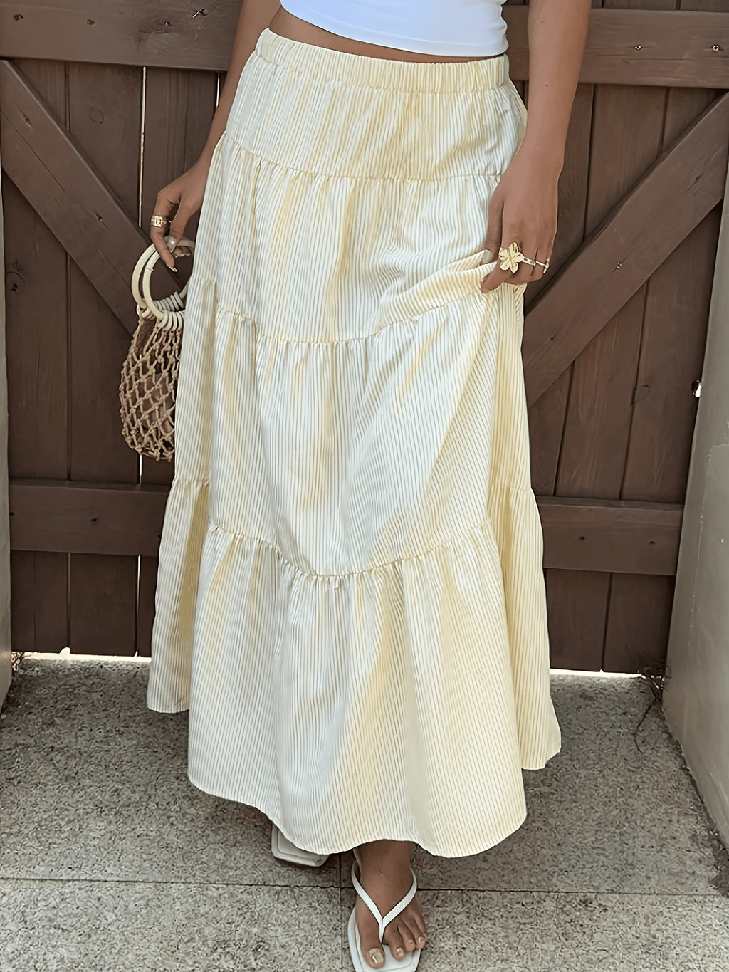 Women's Summer Casual Commuter Style Long Vintage Preppy Striped Yellow Skirt, Suitable for Easter Parties, Summer Vacation Casual Wear, Beach Outings, Leisure Vacations, Gatherings, Tea Parties, and Festive Events - 【Light Yellow】