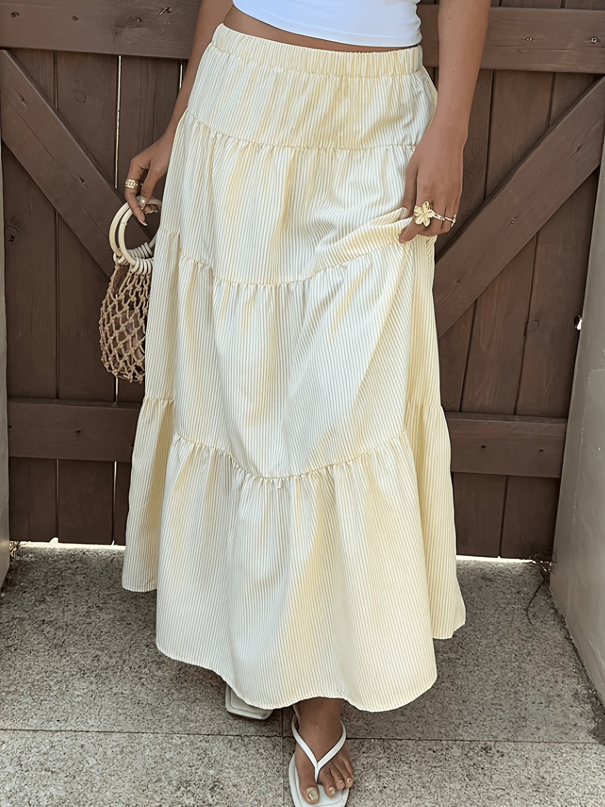 Women's Summer Casual Commuter Style Long Vintage Preppy Striped Yellow Skirt, Suitable for Easter Parties, Summer Vacation Casual Wear, Beach Outings, Leisure Vacations, Gatherings, Tea Parties, and Festive Events - 【Light Yellow】