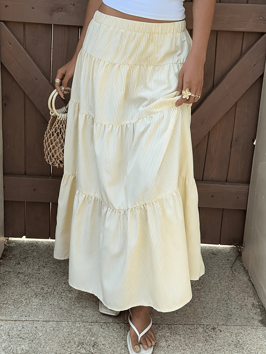 Women's Summer Casual Commuter Style Long Vintage Preppy Striped Yellow Skirt, Suitable for Easter Parties, Summer Vacation Casual Wear, Beach Outings, Leisure Vacations, Gatherings, Tea Parties, and Festive Events - 【Light Yellow】