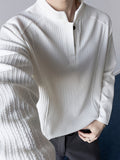 Men'S Korean Style Clean Texture Stand Collar Long Sleeve T-Shirt, Soft And Breathable Drop Shoulder Solid Color Casual Pullover, Suitable for Spring/Autumn Campus Shopping Short Trips - White