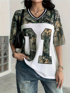 European And American Women'S Digital V-Neck Personalized Design Printed Sports T-Shirt Top - Mixed colors