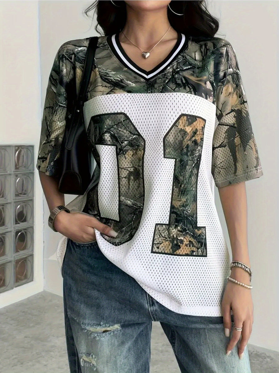 European And American Women'S Digital V-Neck Personalized Design Printed Sports T-Shirt Top - Mixed colors