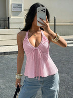 Women'S Vacation Striped Tie-Front Cami, Sexy Off-Shoulder Tank Top - pink color