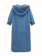 Plus Size, [Printed Pants - Not Denim Fabric] Women's Hooded Long Imitation Denim Jacket, Casual Button-Up, Loose Fit with Drawstring, Long Sleeves, Pockets - Peacock Blue