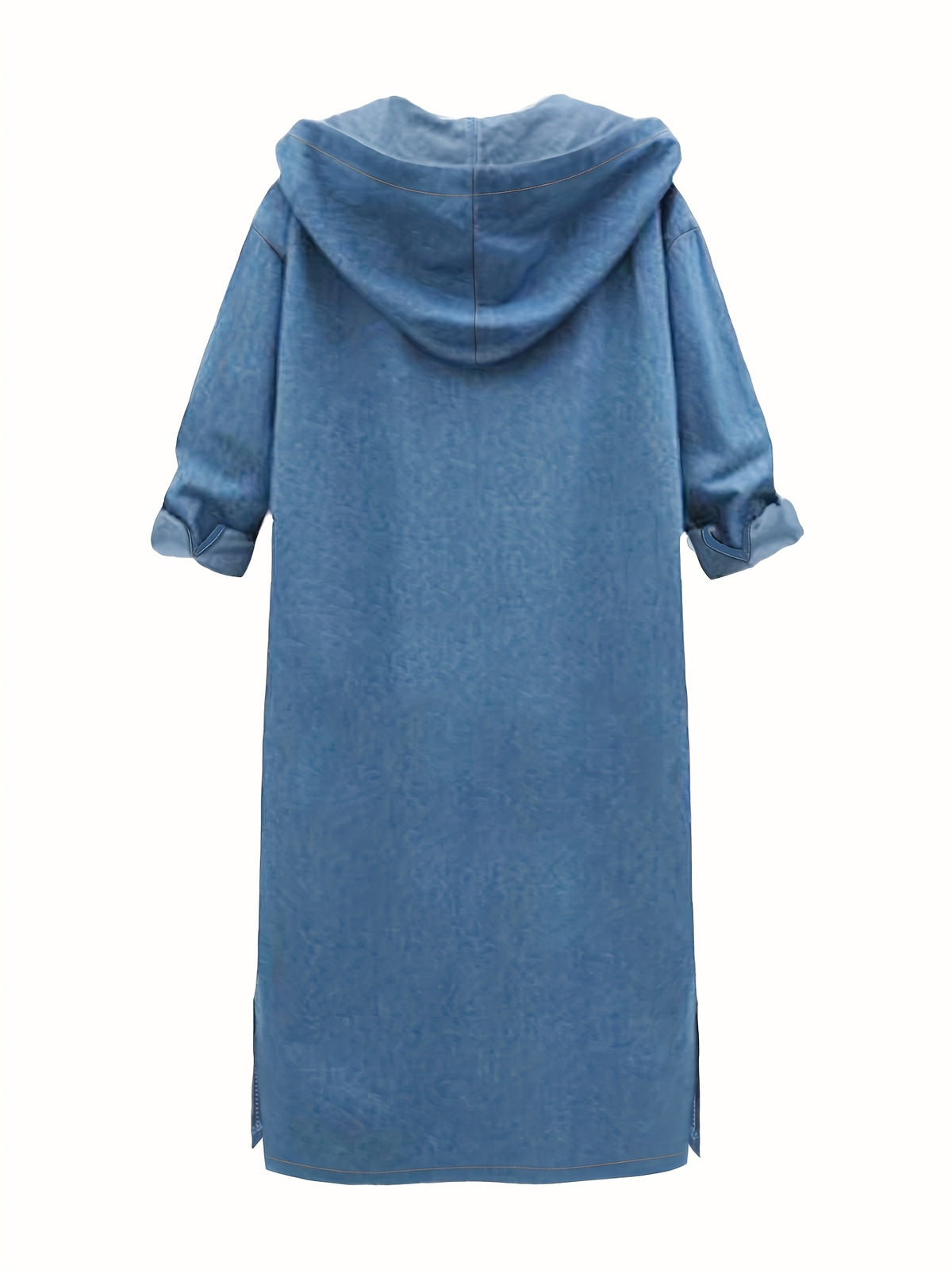 Plus Size, [Printed Pants - Not Denim Fabric] Women's Hooded Long Imitation Denim Jacket, Casual Button-Up, Loose Fit with Drawstring, Long Sleeves, Pockets - Peacock Blue