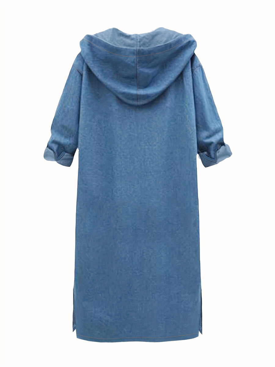 Plus Size, [Printed Pants - Not Denim Fabric] Women's Hooded Long Imitation Denim Jacket, Casual Button-Up, Loose Fit with Drawstring, Long Sleeves, Pockets - Peacock Blue
