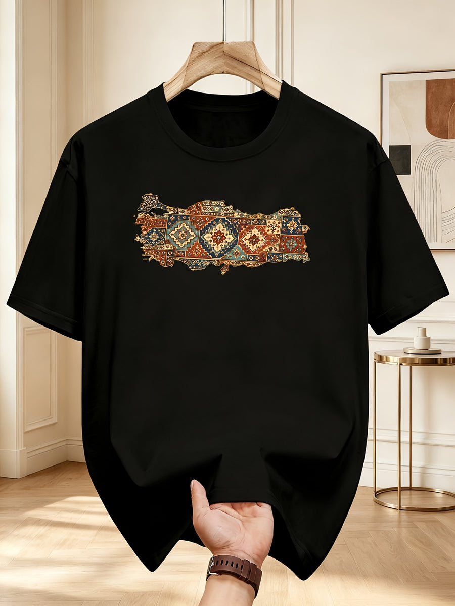 New Pure Cotton Retro Mens Tshirt with National Geometric Carpet Pattern Comfortable and Soft Home Clothes Suitable for Daily Wear and Home Office Clothing Suitable for All Seasons - Black